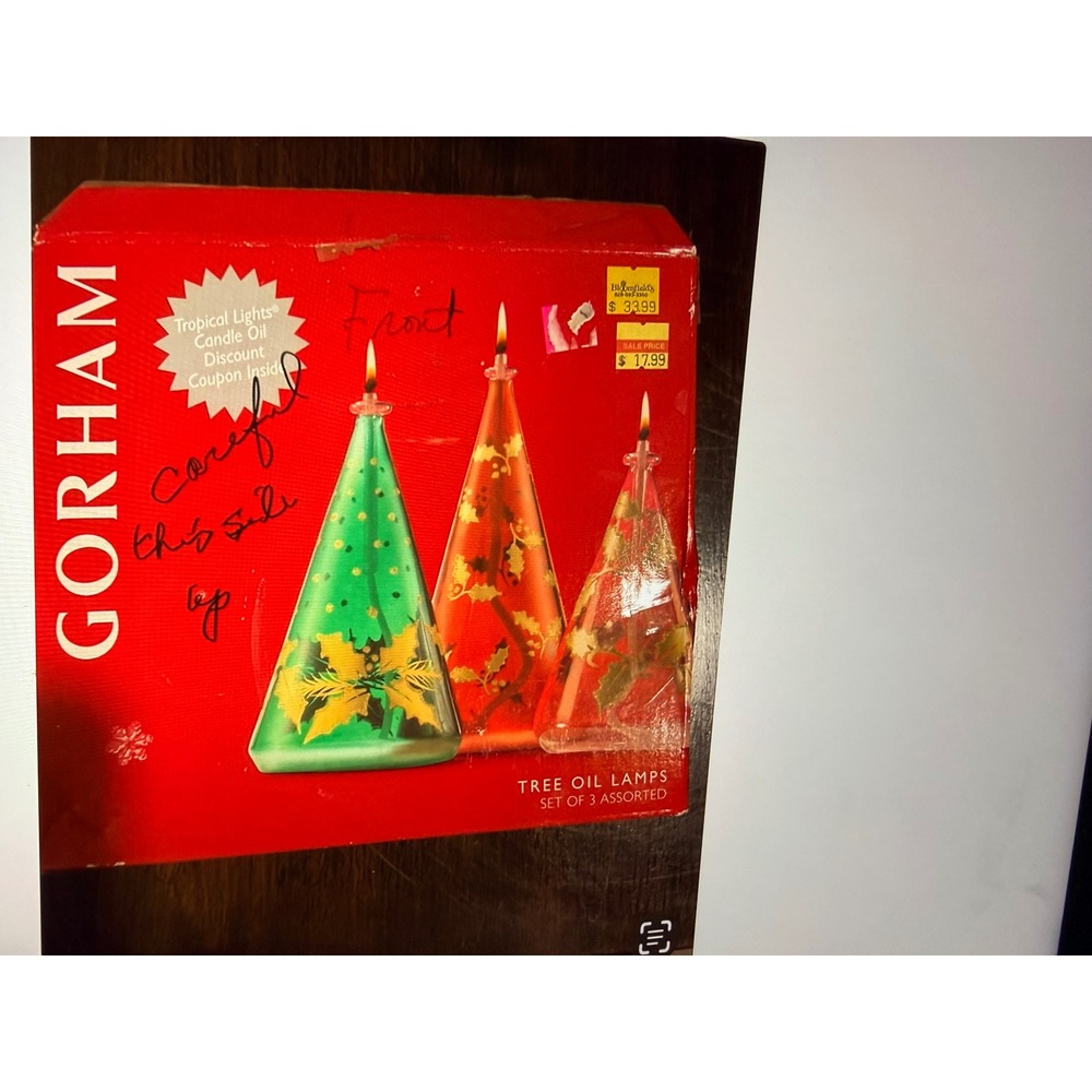 Gorham Tree‎ Oil Lamps Set of 3 Assorted Hand Painted Glass Christmas Holiday